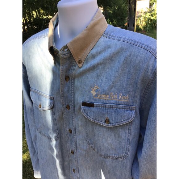 Woolrich Mens Denim Button-Up Shirt With Logo Embroidered On Chest & Beige Colla - Picture 3 of 9